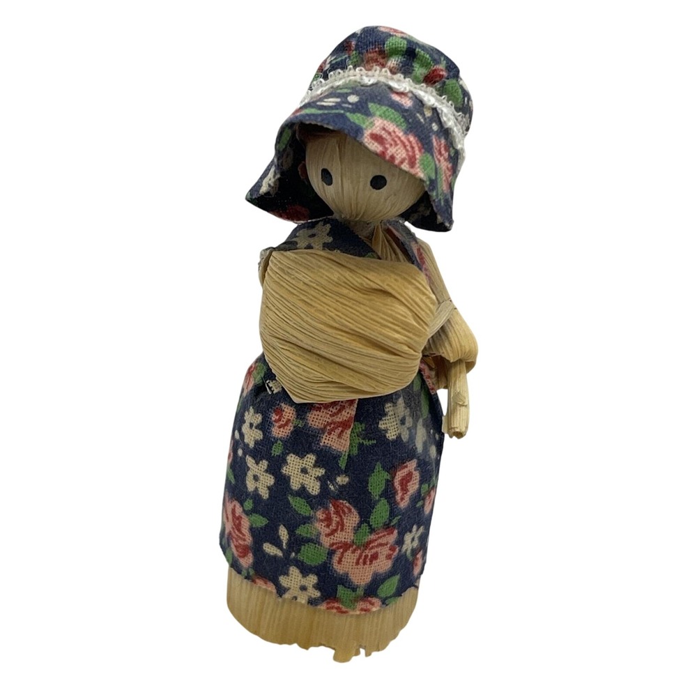 Vintage‎ Handmade Corn Husk Girl In Blue Patterned Dress & Bonnet 3" UNBRANDED